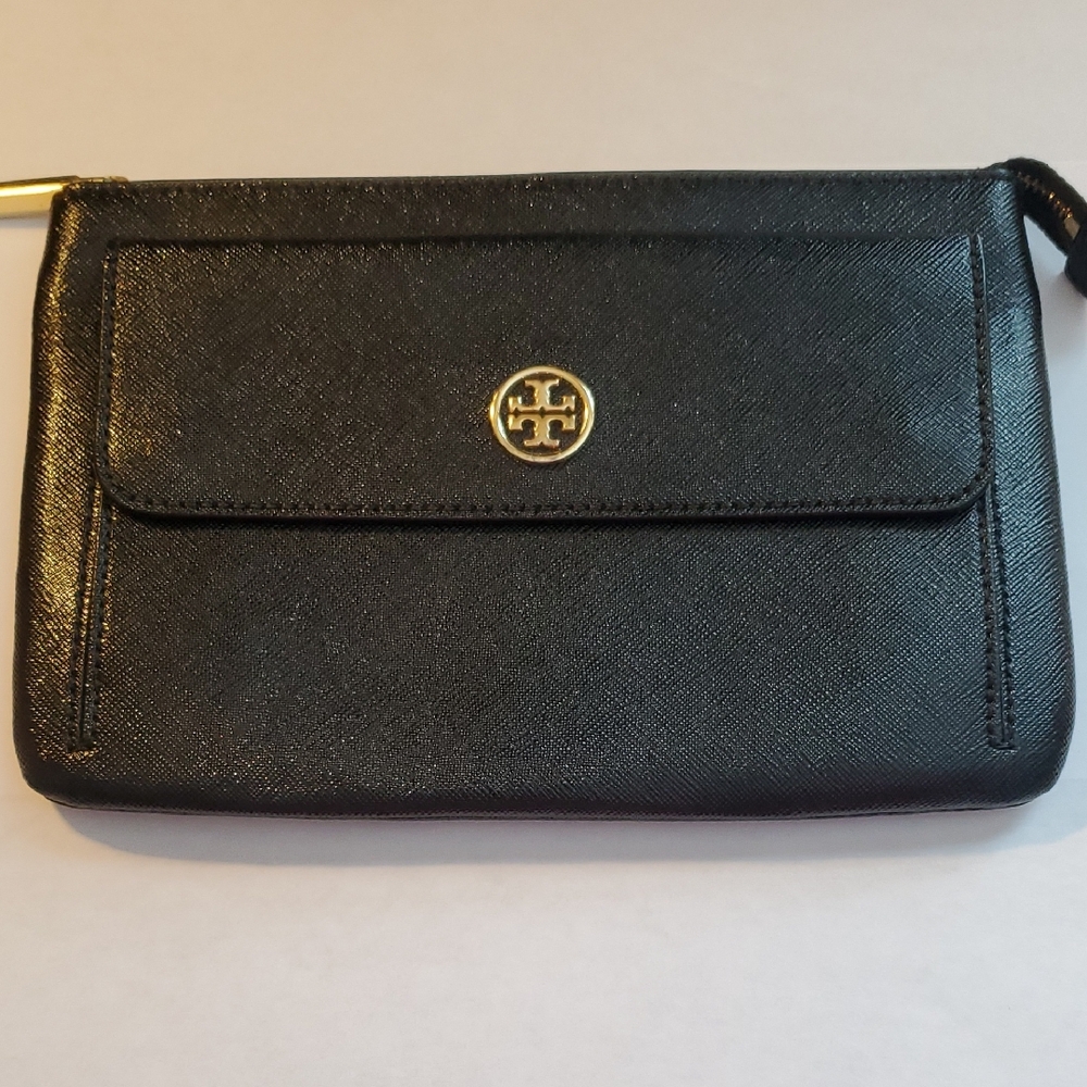 Tory Burch Black Leather Clutch With Gold Plated Accents.8.38w 5.3h